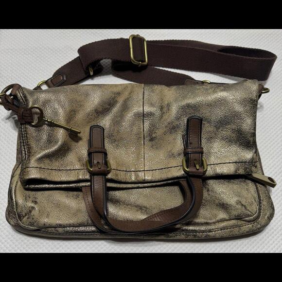 Fossil Explorer Fold Over Tote Leather Bag Bronze Crossbody - Picture 3 of 4